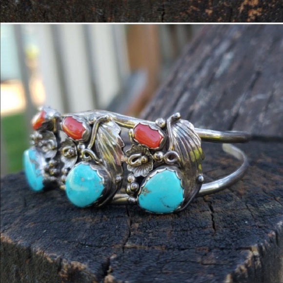Sterling silver turquoise and coral bracelet - Picture 4 of 5